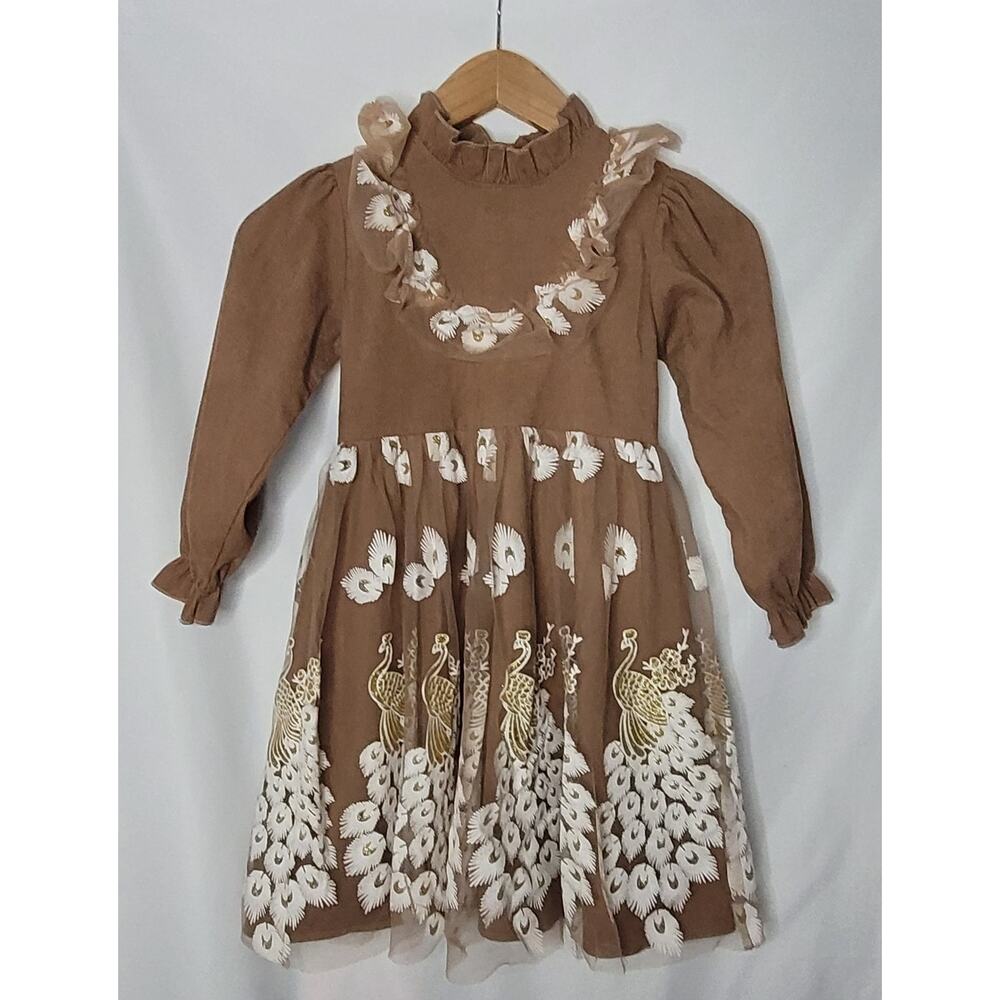 Shein- Girl's Brown- Long Sleeve Embroidered Dress- Size 6 to 8